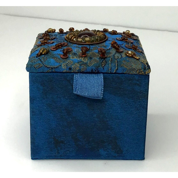 Silk Bead Embellished Blue Vintage Gift Box 2in by 2.5 inches - Picture 2 of 5
